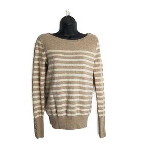 Caslon Cashmere Striped Boat Neck Sweater Small Tan Cream Preppy Classic